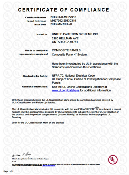 UL Mark Certification United Partition Systems UL Mark Certification United Partition Systems